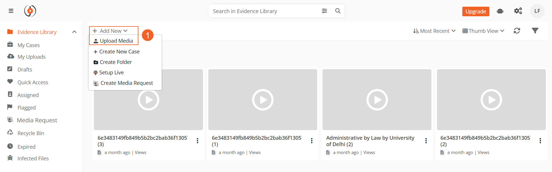 Upload Evidence button highlighted in the toolbar
